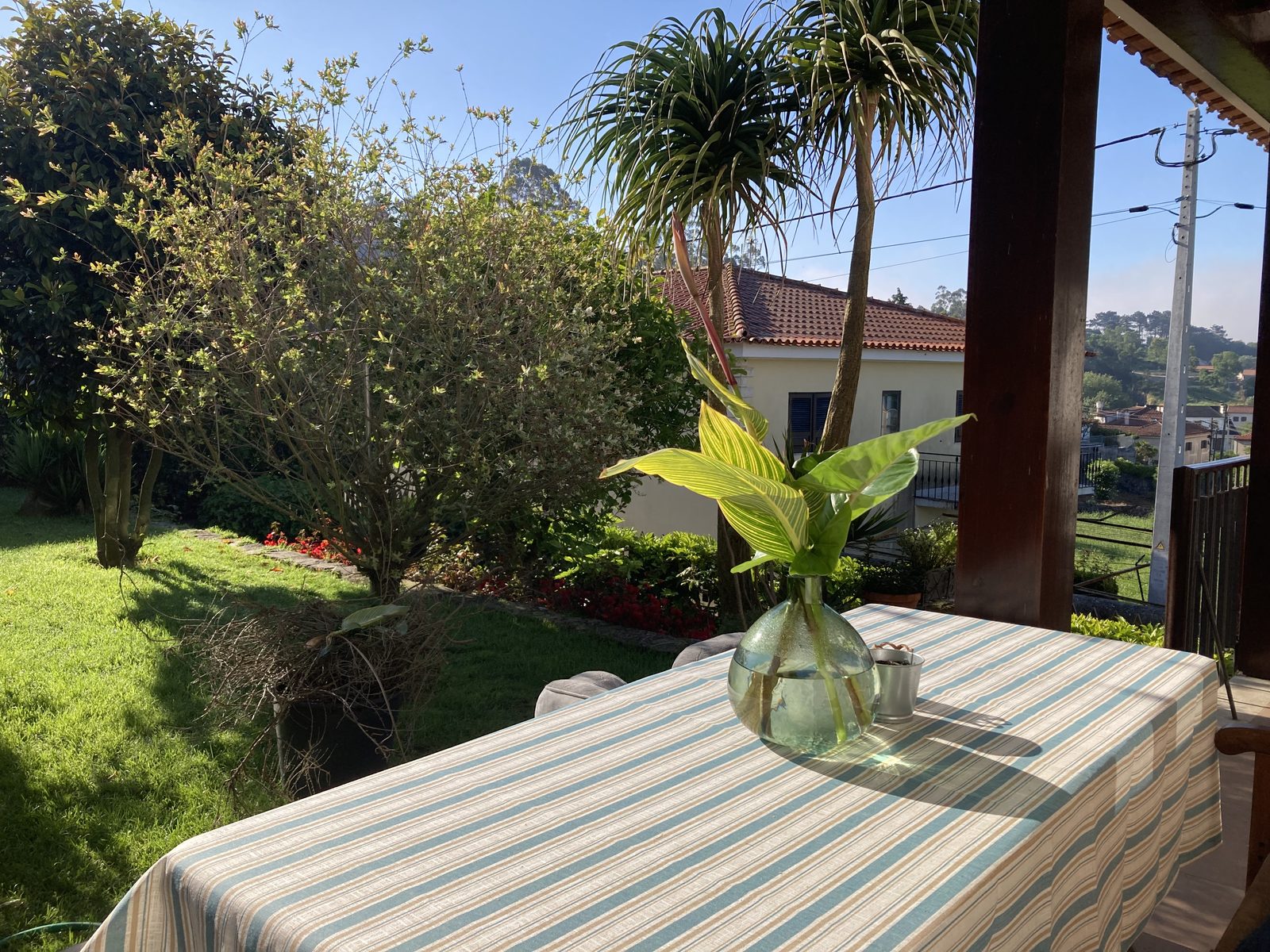 Mesa com toalha às riscas no alpendre, com vista para o jardim e as palmeiras